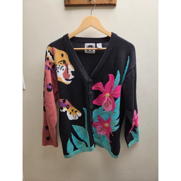 Storybook Knits Sweaters - Storybook Knits Vintage Cheetah Floral Cardigan Sweater Black Pink Medium HSN